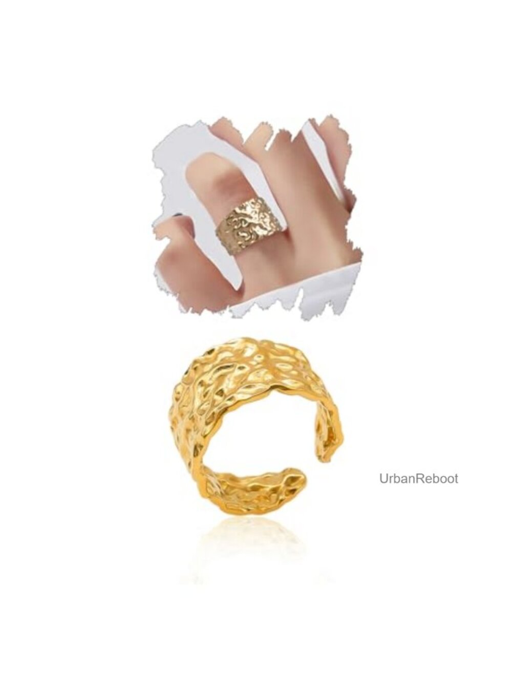 18K Gold Plated Hammered Wide Band Ring Adjustable Chunky Textured Open Ring
